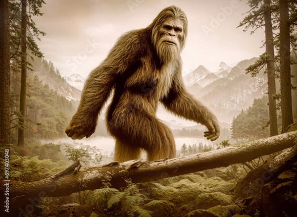 Obraz A Bigfoot standing in the middle of a forest in a picture style 19th century.