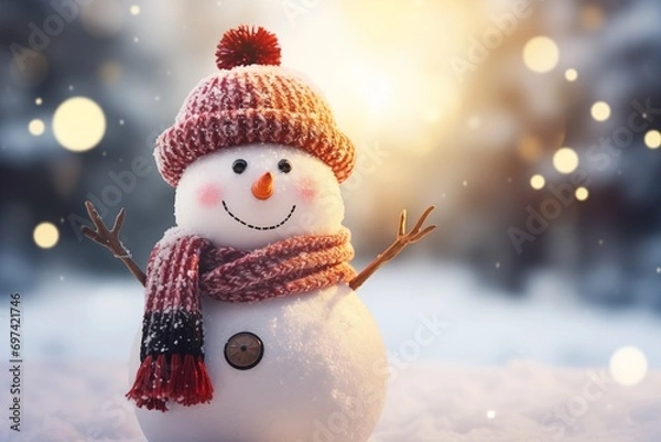 Obraz Closeup of cute funny laughing snowman with wool hat and scarf standing in the snow on sunny winter day. Holiday concept.