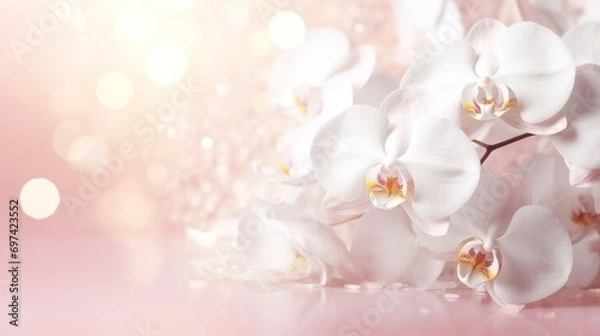 Fototapeta White orchids bouquet on light peach pink background with glitter and bokeh. Banner with copy space. Perfect for poster, greeting card, event invitation, promotion, advertising, print, elegant design.