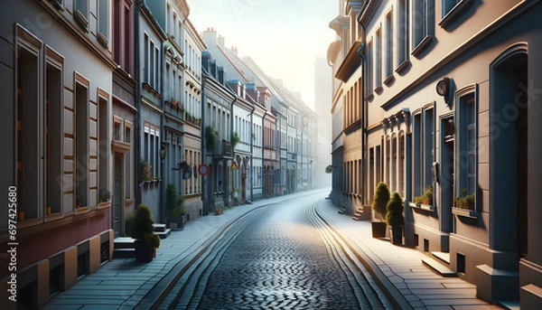 Fototapeta Quiet side street with minimal pedestrian activity, featuring a cobblestone path and quaint building facades, exuding a serene and charming urban atmosphere