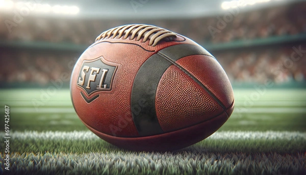 Fototapeta Close-up of a football, detailed texture and stitching, with a blurred football field background, shot using a telephoto camera