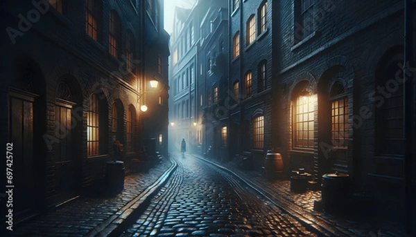 Fototapeta A moody, enigmatic night scene in a narrow alley with dim lighting, cobblestone pavement, brick buildings, ambient window lights, and a lone distant figure