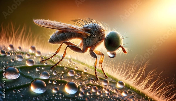 Fototapeta A close-up, macro photograph showcasing a vividly colored insect on a dew-kissed leaf. The background is softly blurred, highlighting the insect's detailed textures