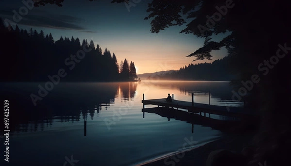 Fototapeta A serene twilight scene at a quiet lakeside, with the last day's light casting a gentle glow over the water. Silhouetted trees against the sky and a person sitting on a dock