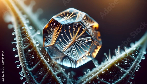 Fototapeta A photorealistic macro photograph capturing the intricate texture of a leaf's vein, with crystal-clear water droplets. The background is artfully blurred