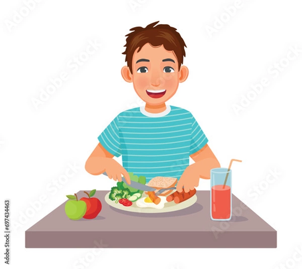 Fototapeta Young man eating sausage eggs bread and vegetables for breakfast
