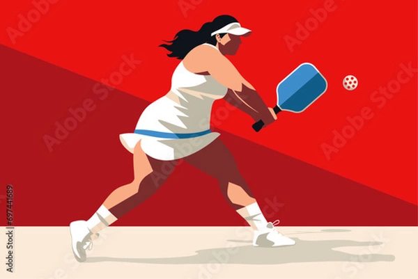 Obraz Minimal vector illustration of a woman playing pickleball at an athletic club.