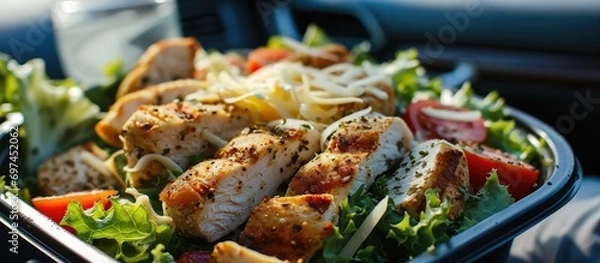 Fototapeta Quick lunch option in the car: tray of Caesar salad with fresh dressing, veggies, lettuce, and grilled chicken.