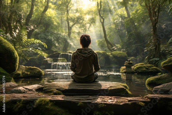 Fototapeta A person practicing mindfulness in nature, connecting the concept of ecotherapy and the positive impact of nature on mental health. Generative Ai.