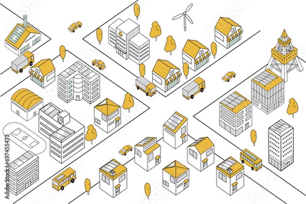 Obraz 車が走るシンプルな街並みの俯瞰イラスト（黄色横長）