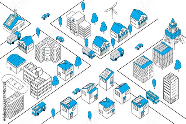Fototapeta 車が走るシンプルな街並みの俯瞰イラスト（青色横長）