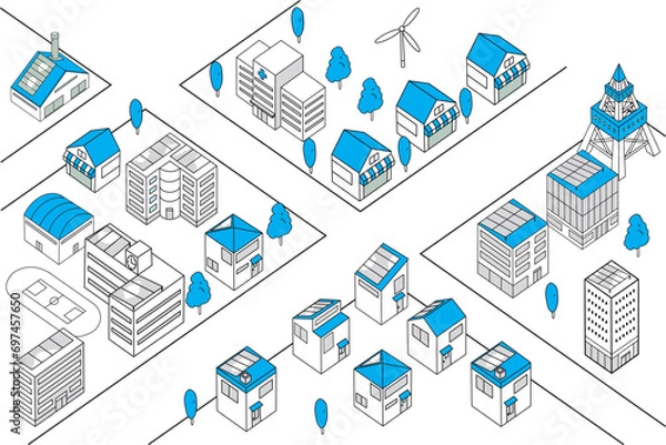 Obraz シンプルな街並みの俯瞰イラスト（青色横長）