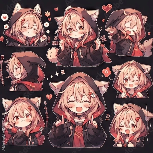 Fototapeta Cute little girl emoticons sticker, Creayed by A.I