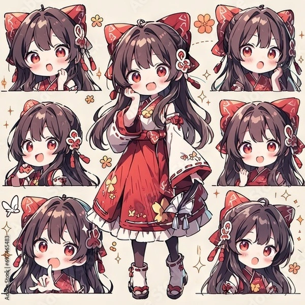 Fototapeta Cute little girl emoticons sticker, Creayed by A.I