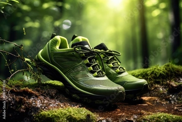 Fototapeta Hiking shoes in the forest. Sport and healthy lifestyle concept, Environmentally friendly shoes, Running outdoors in nature concept, AI Generated