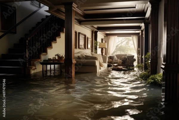 Obraz Interior of a villa in the middle of the sea. 3d rendering, Flooded house with rooms full of water, AI Generated