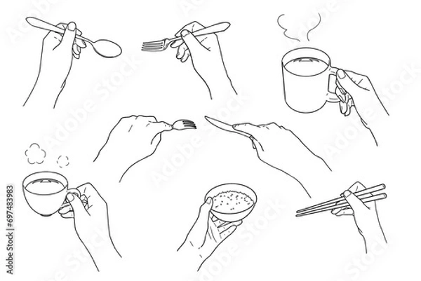 Fototapeta カトラリーや食器を持つ手・線画のみ