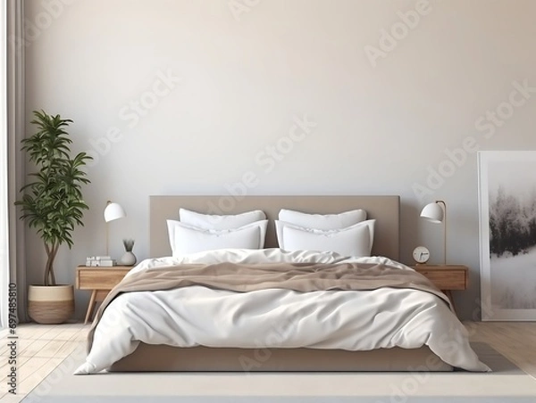 Fototapeta Generative AI : Interior poster mock up with vertical frame on the floor in home bedroom interior.