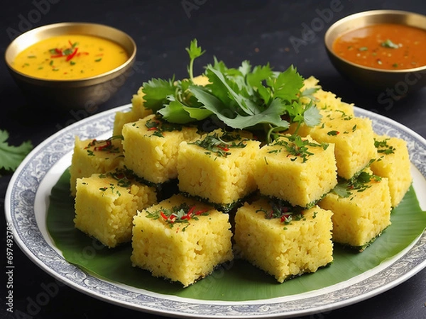 Obraz Indian dish dhokla with sauce