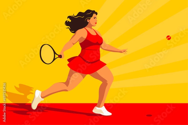 Obraz Minimal vector illustration of a woman playing tennis in a red dress in front of a yellow background.