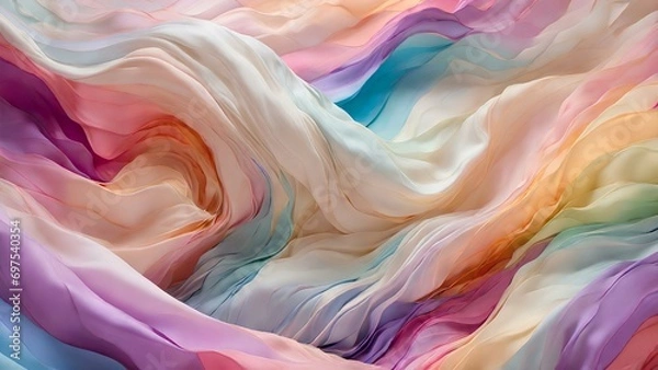 Fototapeta Mesmerizing image showcasing iridescent folds dancing against a soft pastel background with a gentle gradient ansd enchanting display of folds of tulle fabric.