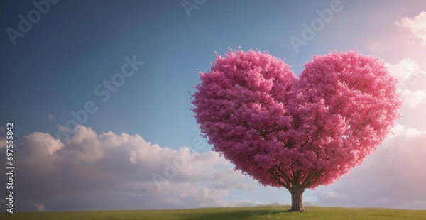 Fototapeta 見晴らしの良い草原にそびえるハートの木.generative AI