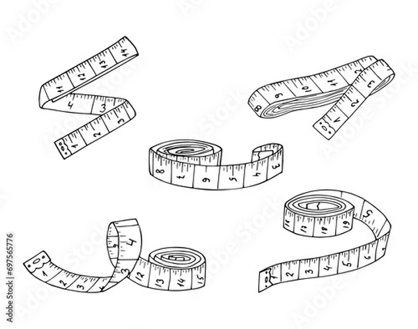 Fototapeta Set of measuring tape hand-drawn illustration. Sketch of metric ribbon.  Centimeter tape. Tool for tailoring, atelier, fitness vector icon isolated on white background.