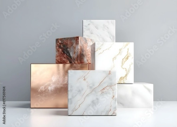 Fototapeta marble and copper cubes are stacked on top of each other on grey background