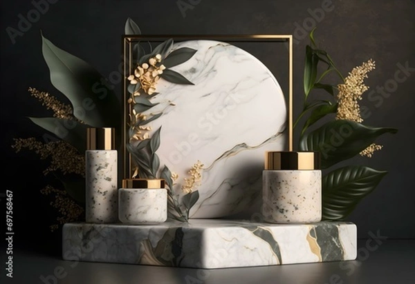 Fototapeta a marble display with cosmetic bottles and leaves behind them