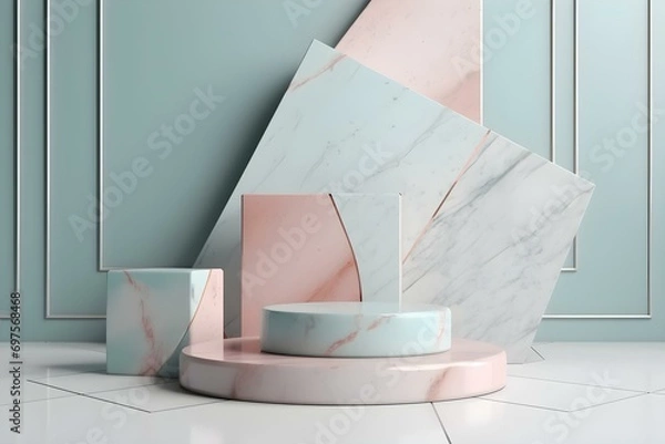 Fototapeta a marble display with a round podium in the middle and geometric blocks behind it