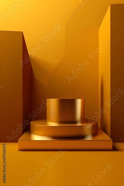 Fototapeta a gold podium is surrounded by boxes on a yellow background