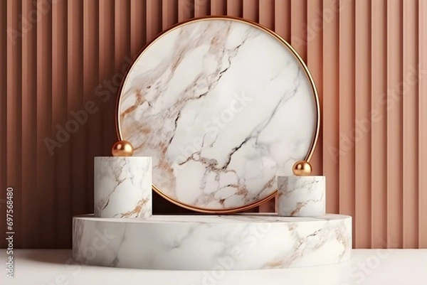Fototapeta a white marble podium with two round promotion columns on it and a plate in the background