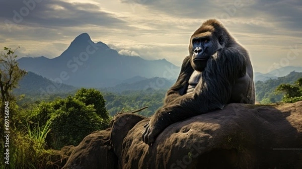 Fototapeta A powerful silverback gorilla in a regal pose on a rocky outcrop