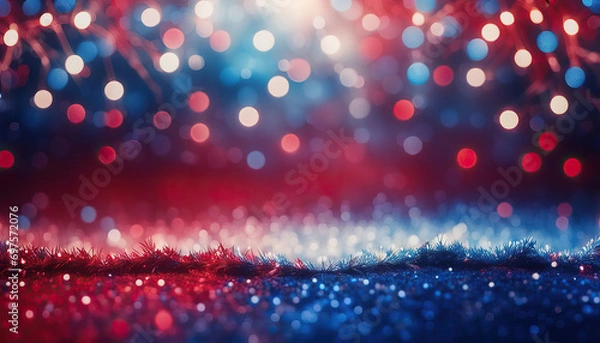 Obraz Background with glitter, sparkle and bokeh lights in red blue and white with copy space