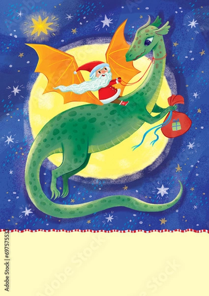 Fototapeta Dragon flying in the night sky against the backdrop of the moon with Santa on his back