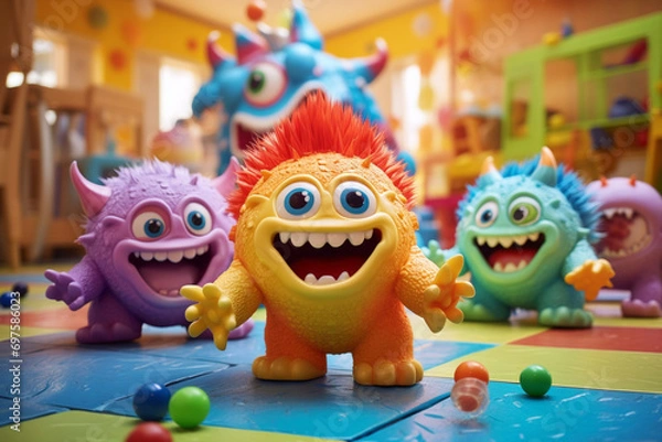 Fototapeta Cute baby alien monsters playing and crafting together. Colorful monster aliens children in a workshop or kindergarten having fun. Generative AI illustrations	
