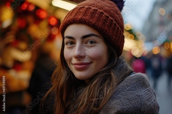 Fototapeta A woman wearing a red knitted hat with a warm smile. Suitable for various uses
