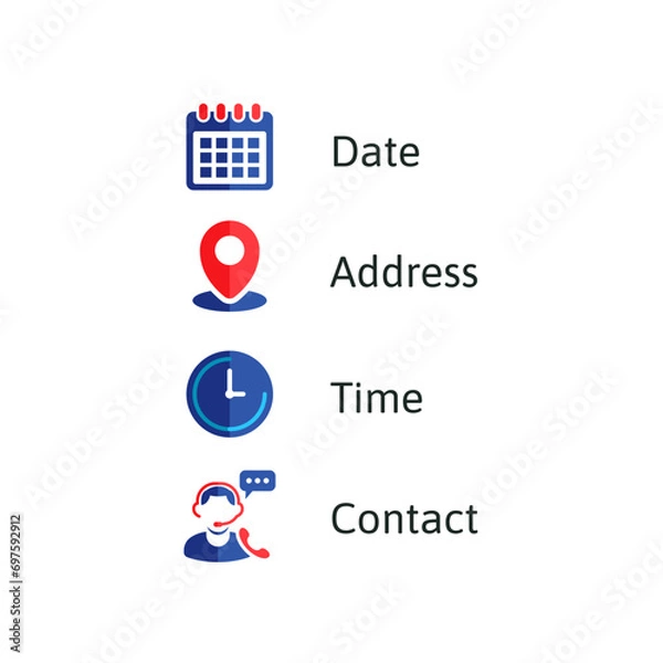 Fototapeta Address, date, time, contact icons vector illustration