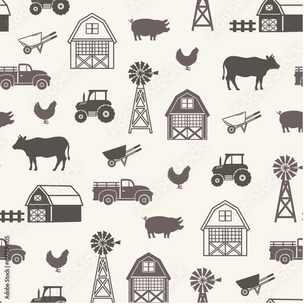 Fototapeta Farm vector seamless pattern. Silhouettes on a light background. Farm southern design with tractor, cow, pig, chicken, farm.