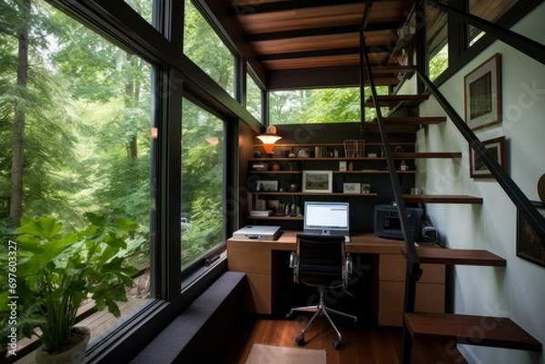 Fototapeta Well-lit Home office second floor. Window inside. Generate Ai
