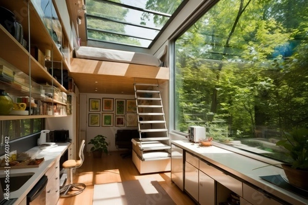 Fototapeta Organized Home office second floor. Window inside. Generate Ai