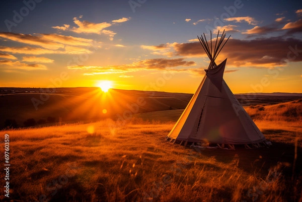 Fototapeta A captivating sunset paints the sky behind a lone teepee