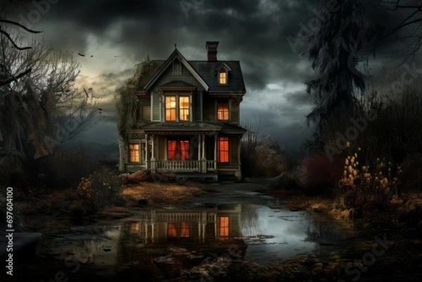 Fototapeta Eerie Old hunter house. Tree forest. Generate Ai