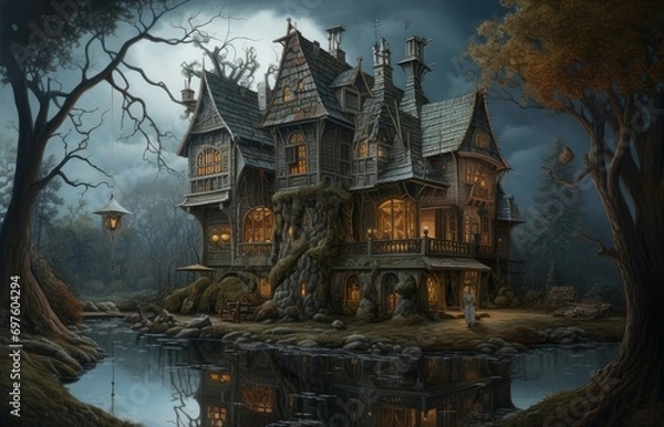 Fototapeta Cobwebbed Old hunter house. Tree forest. Generate Ai