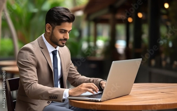Fototapeta young indian businessman working on laptop