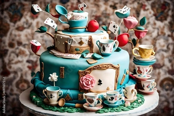 Fototapeta A whimsical "Alice in Wonderland" themed birthday cake with intricate fondant decorations, including teacups and playing cards