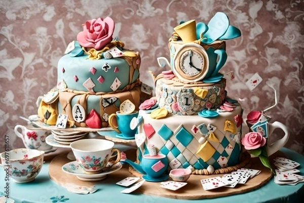 Fototapeta A whimsical "Alice in Wonderland" themed birthday cake with intricate fondant decorations, including teacups and playing cards