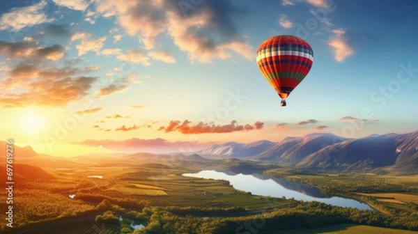 Fototapeta hot air balloon flying over river
