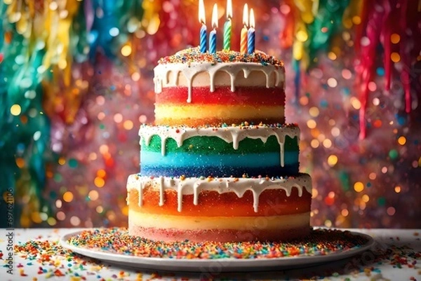Fototapeta A delectable three-tiered birthday cake adorned with vibrant rainbow sprinkles and lit candles