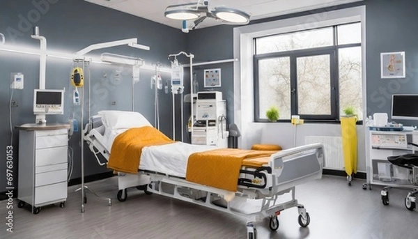 Fototapeta Recovery room with bed and comfortable medical equipped in a hospital. Generated with AI